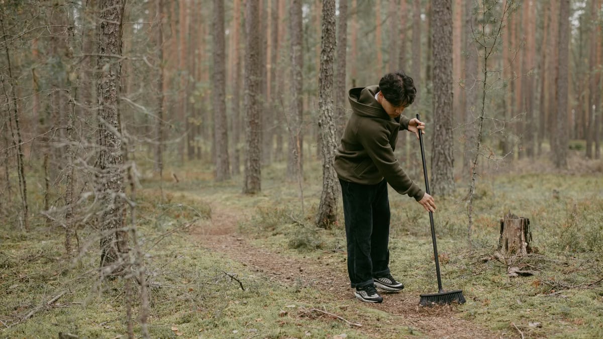 A man cleans a forest pathway, surrounded by natural trees and greenery.